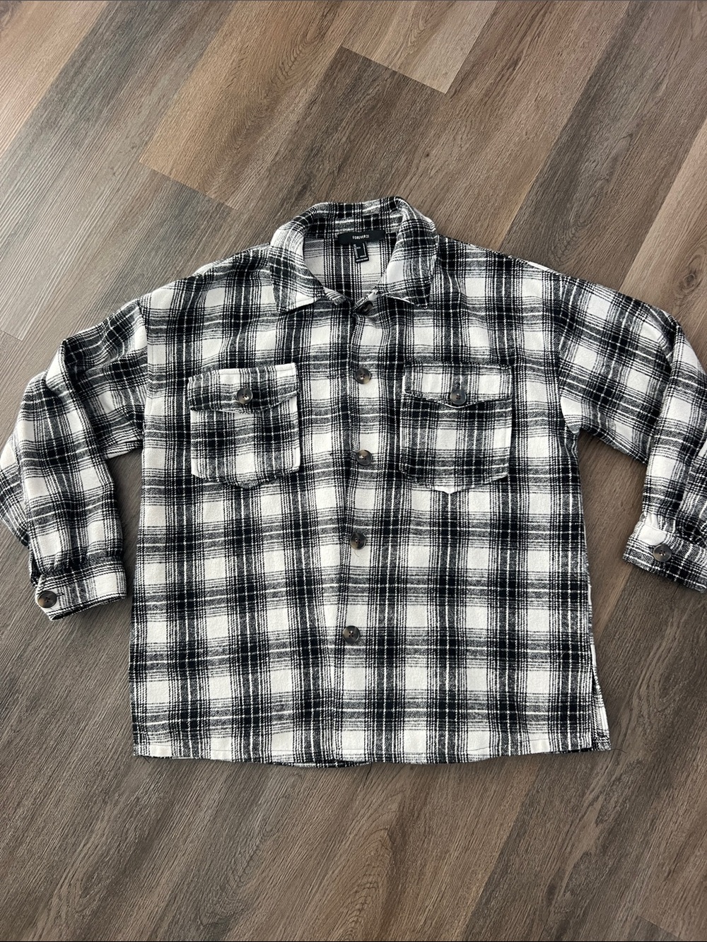 Oversized  Black & White Plaid Button-Up Shirt Jacket Flannel